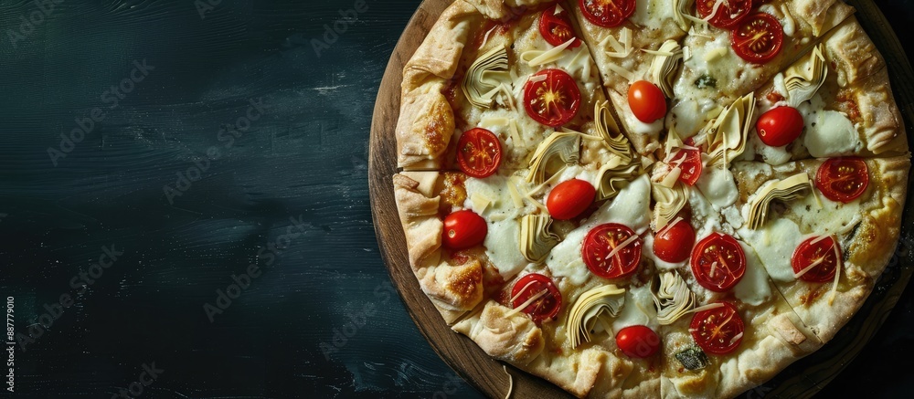 Aufkleber top view of a freshly baked puff pastry tart pizza featuring artichoke mozzarella tomatoes and chees