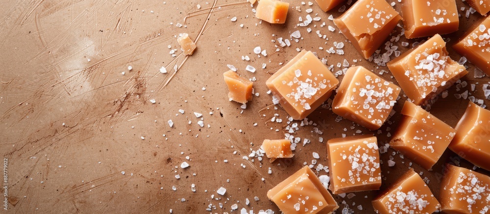 Leinwandbilder golden butterscotch toffee caramels and salted caramel pieces sprinkled with sea salt displayed on a