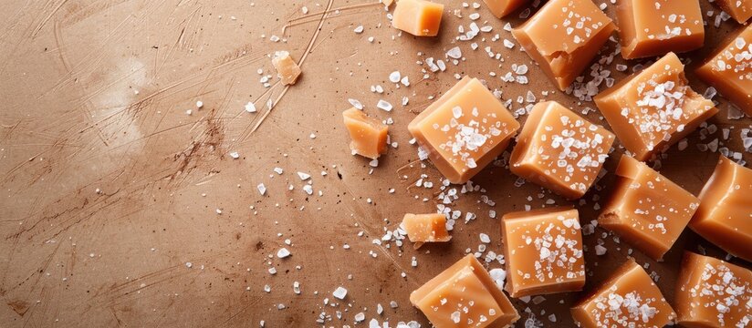 Golden butterscotch toffee caramels and salted caramel pieces sprinkled with sea salt displayed on a brown background with space for text or images. with copy space image