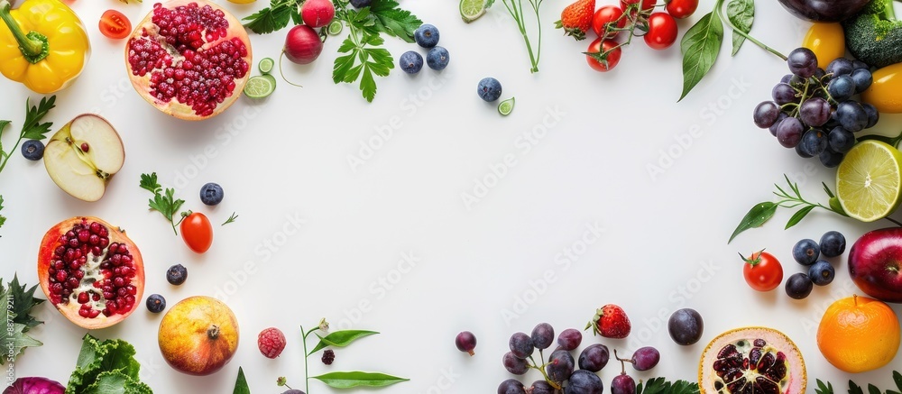 Poster top view of a circle of assorted fruits and vegetables on a white background creating a healthy eati