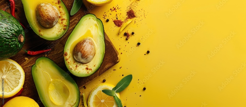 Leinwandbilder a fresh half avocado and lemon on a cutting board with spices creating an appetizing composition wit
