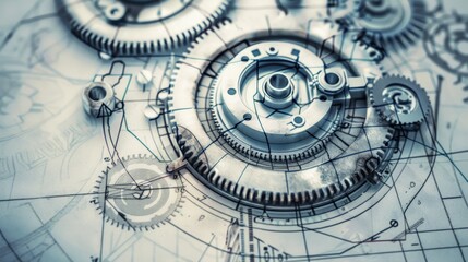 Close-up of mechanical gears on a technical blueprint background. Suitable for engineering and mechanical concepts.