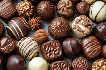 An assortment of gourmet chocolates in various shapes and flavors, arranged neatly, showcasing a luxurious and decadent treat.