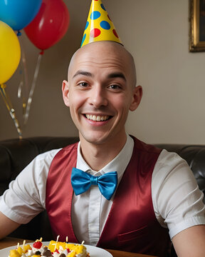 Hombre calvo sonriendo en su fiesta de cumplea&ntilde;os con chaleco pajarita un gorro de cart&oacute;n y unos globos de fondo