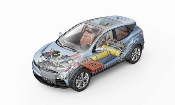 Hydrogen car technical cutaway 3D rendering.