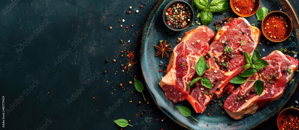 Poster table setting featuring raw pork or beef meat on a plate with marinade paprika and spices ideal for 