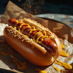 Hot dog with perfect condiment drizzle, presented on parchment paper