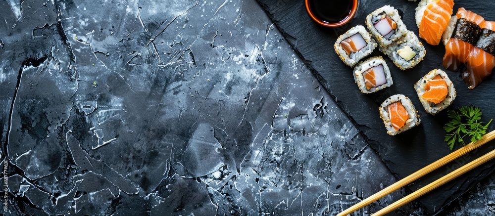 Leinwandbilder japanese sushi with chopsticks and soy sauce elegantly arranged on a slate plate in a vintage style 