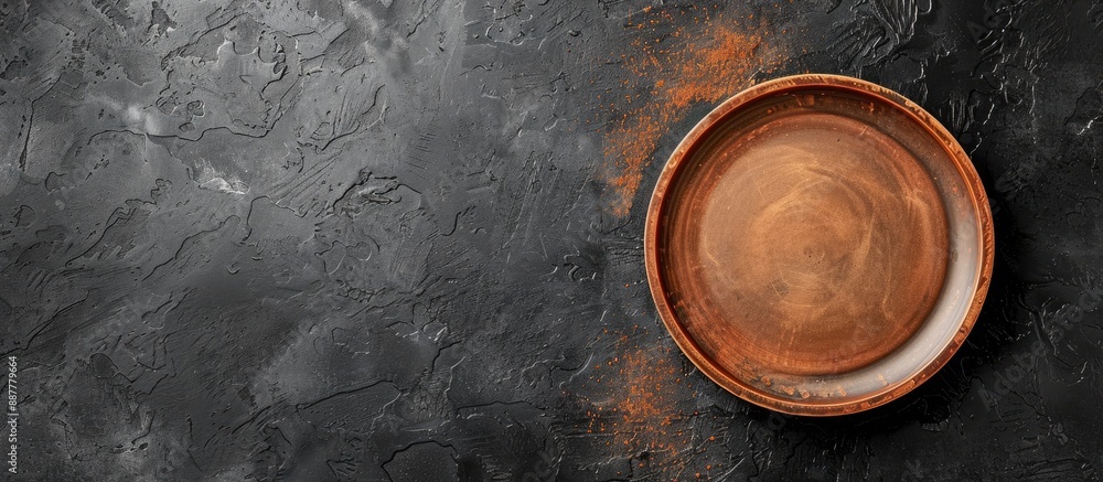 Poster A clay plate on a black backdrop seen from above with available space for additional elements in the image free copy space image