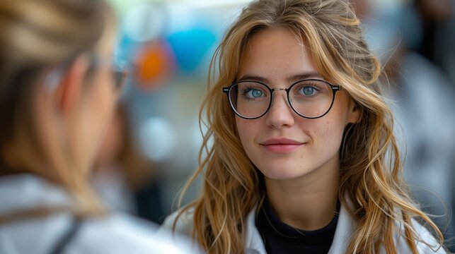 A female genetic counselor with blonde hair and glasses explains CRISPR options to a patient.