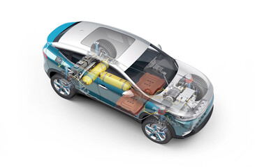 Hydrogen car technical cutaway 3D rendering.
