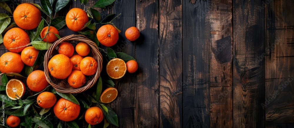 Aufkleber rustic wooden backdrop with a basket of tangerines oranges and mandarins featuring citrus fruits and