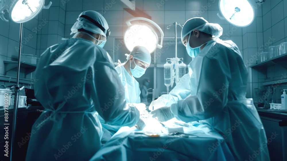 Wall mural Surgeons performing a surgical operation in an operating room with medical equipment and bright lights