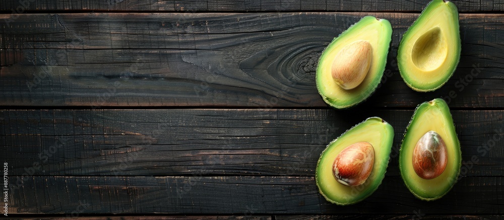 Aufkleber a vibrant ripe avocado cut in half displayed on a dark wooden surface from a top view with space for