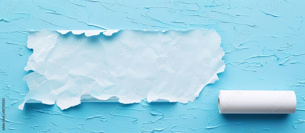 Poster Light blue torn paper revealing a milky copy space image for custom messages wrapped around a paper roll