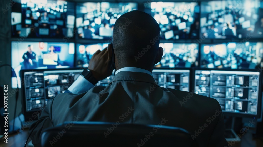 Poster back view of african american security operator use computer with screens showing surveillance camer