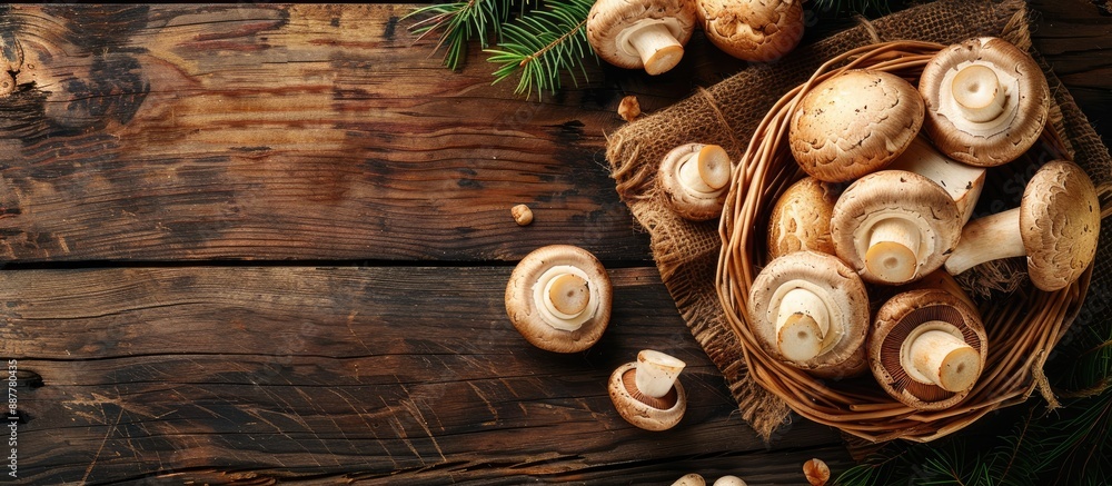 Poster top view of a forest scene with mushrooms in a wicker basket fresh raw mushrooms on a cutting board 