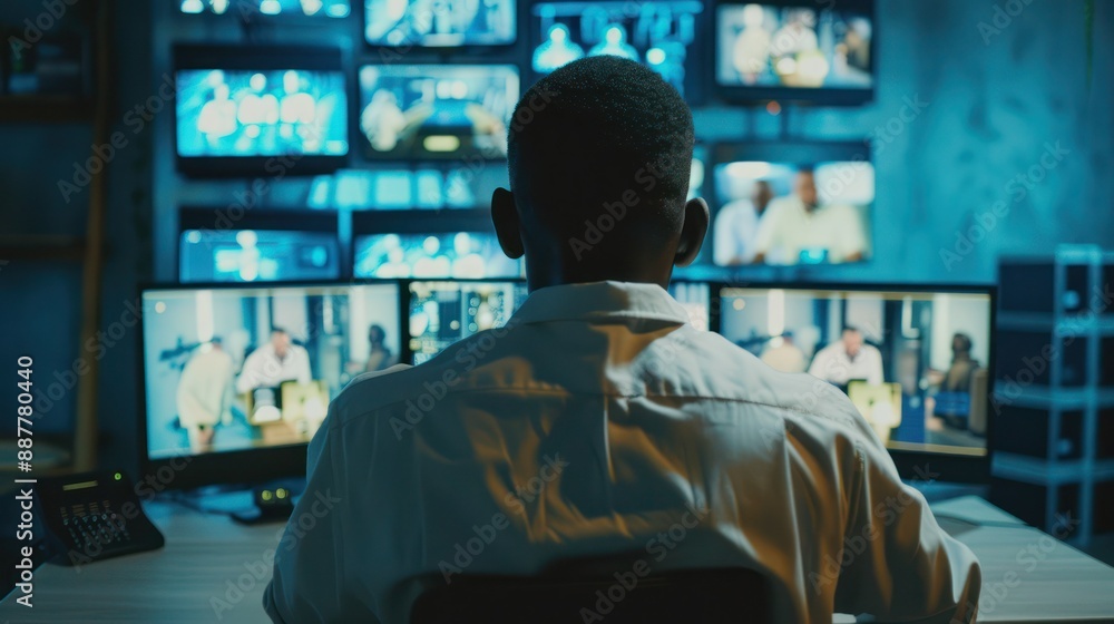 Poster back view of african american security operator use computer with screens showing surveillance camer