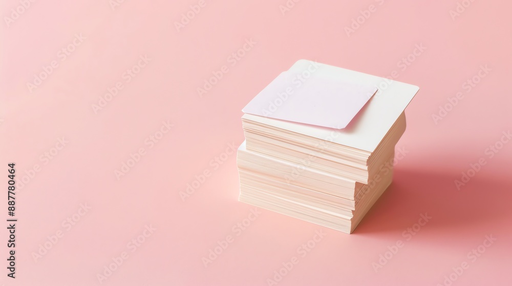 Poster a stack of blank notecards on a pink background.