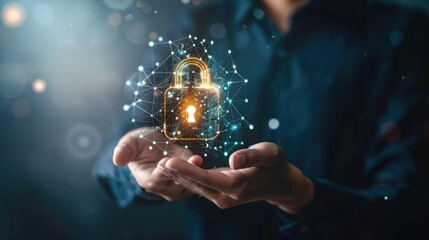 Businessman holding padlock protect icon,virtual screen interface, protecting data personal and network information, cyber security technology with data protection privacy concepted banner panoramic. 