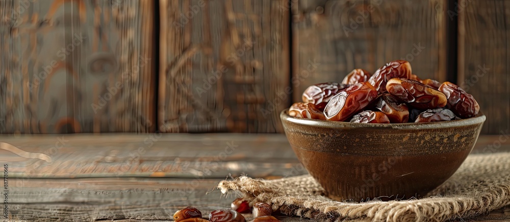 Poster valuable dried dates fruit displayed in a ceramic bowl on a rustic wooden table creating a visually 