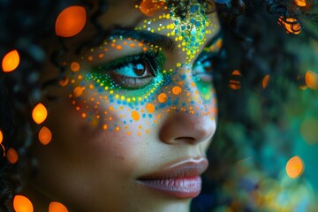 Close-up of a woman's face adorned with vibrant neon paint, creating an artistic and colorful look.