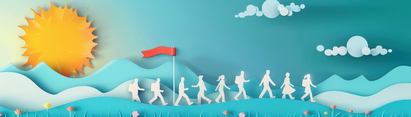 Obraz premium A group of people are walking across a field with a red flag in the foreground