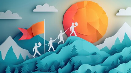 A group of people are climbing a mountain with a flag in the background