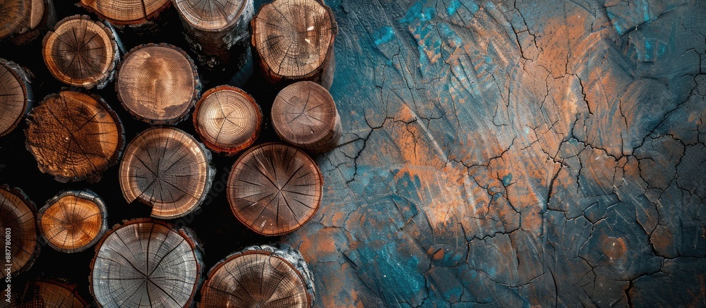Leinwandbilder stack of assorted natural wooden logs against a rustic background with copy space image