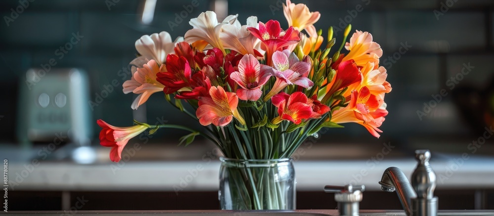 Poster a lovely bouquet of fresh freesia flowers displayed in a kitchen sink with a background of copy spac