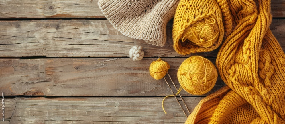 Poster top view of light yellow knitting wool needles knitted fabric and yarn on a wooden surface with copy