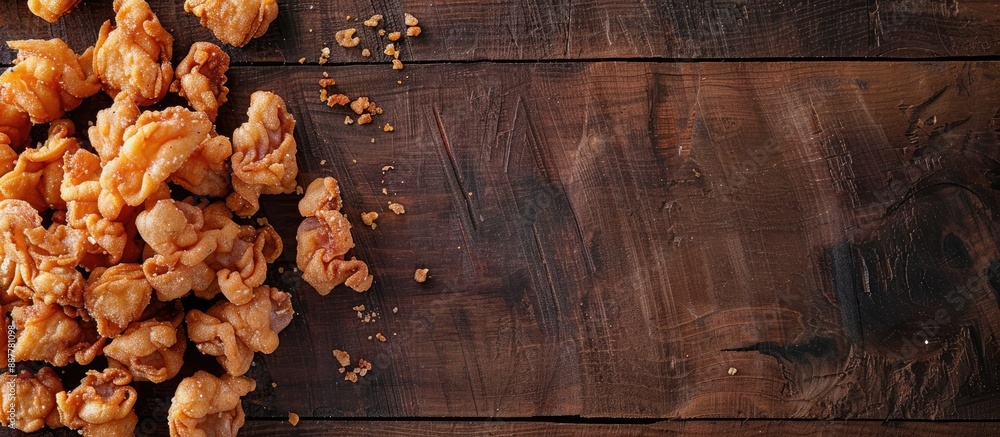 Fototapete Crunchy fried pork cracklings displayed on a wooden surface with room for text in the image. with copy space image. Place for adding text or design