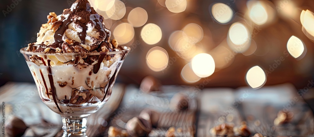 Leinwandbilder close up of a glass bowl filled with ice cream dessert topped with chocolate and nuts on a wooden ba