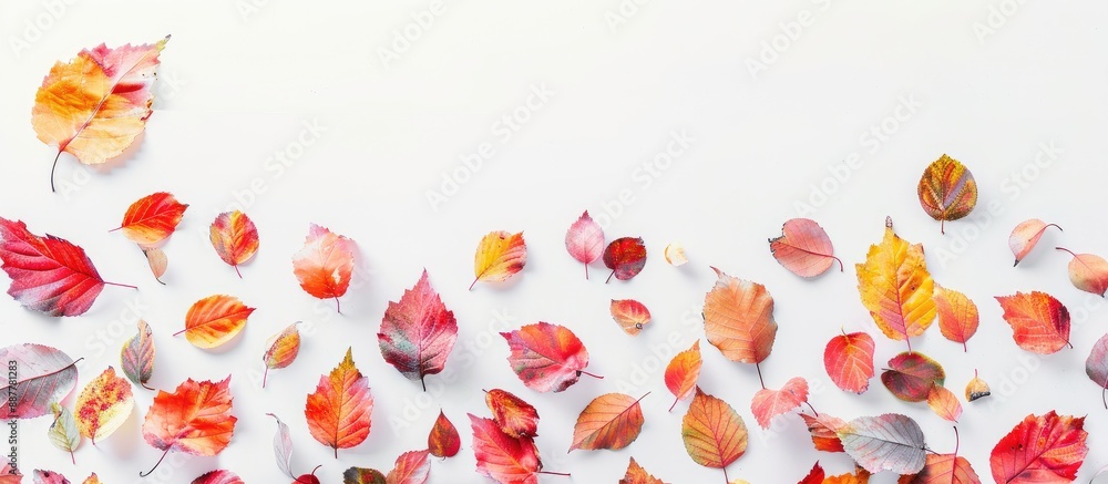 Aufkleber Autumn leaves set against a blank white backdrop providing a copy space image