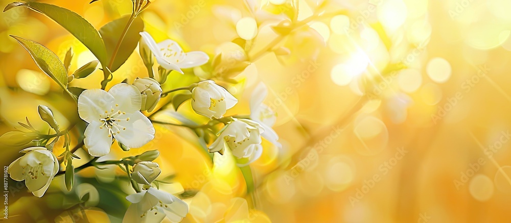 Poster Soft focus on a springtime branch adorned with delicate white jasmine flowers set against a sunny backdrop Ideal for a banner with copy space image