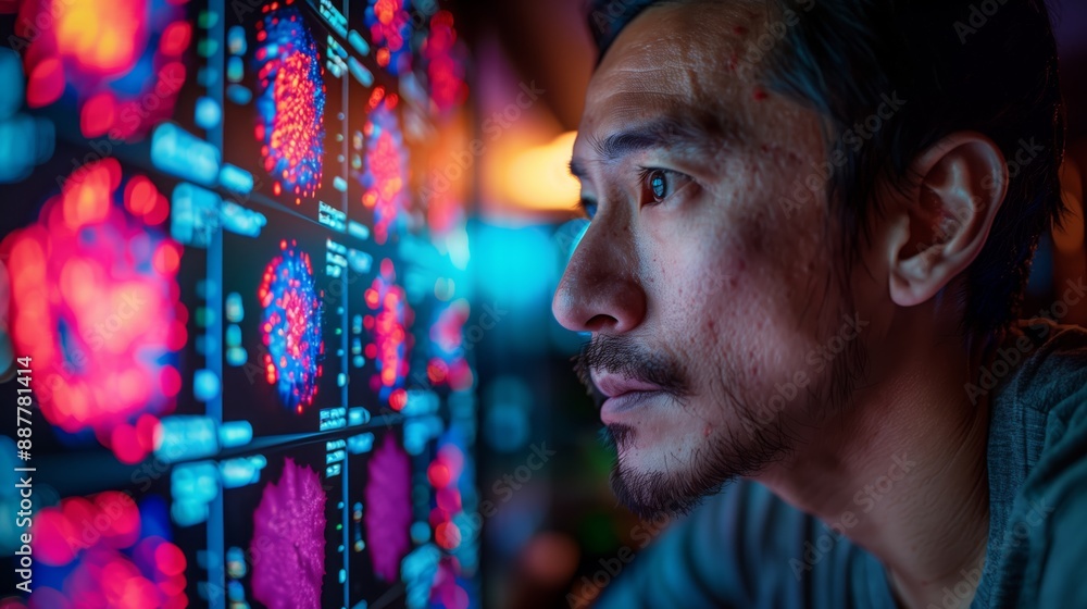Poster a scientist intently examines a screen displaying detailed images of cellular structures, likely usi