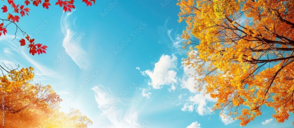 Poster nature background with autumn trees set against a blue sky with copy space image