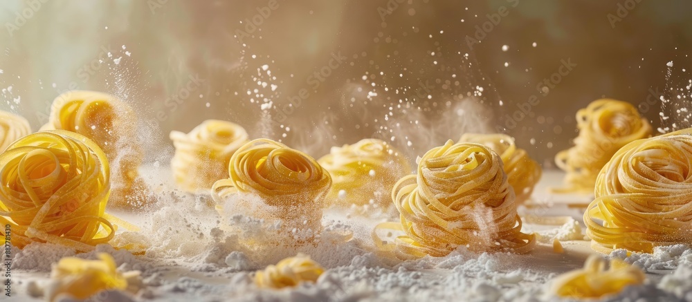 Poster uncooked pasta arranged on a table shaped like nests with flour and seasonings creating a visually a