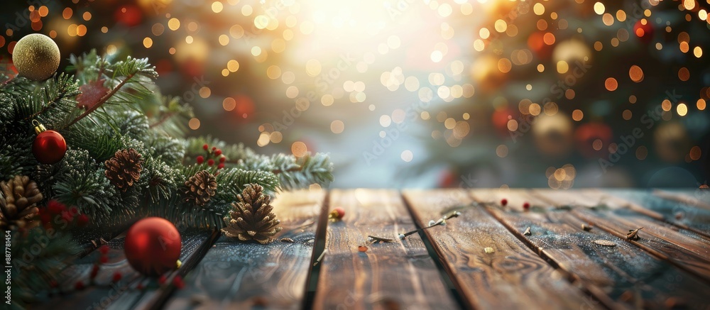 Poster Wooden table with fir tree branch adorned with Christmas balls set against a festive New Year background creating a charming copy space image