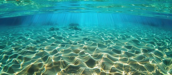 Crystal clear water showing the sandy lake floor beneath creating a stunning blue and turquoise backdrop in the copy space image