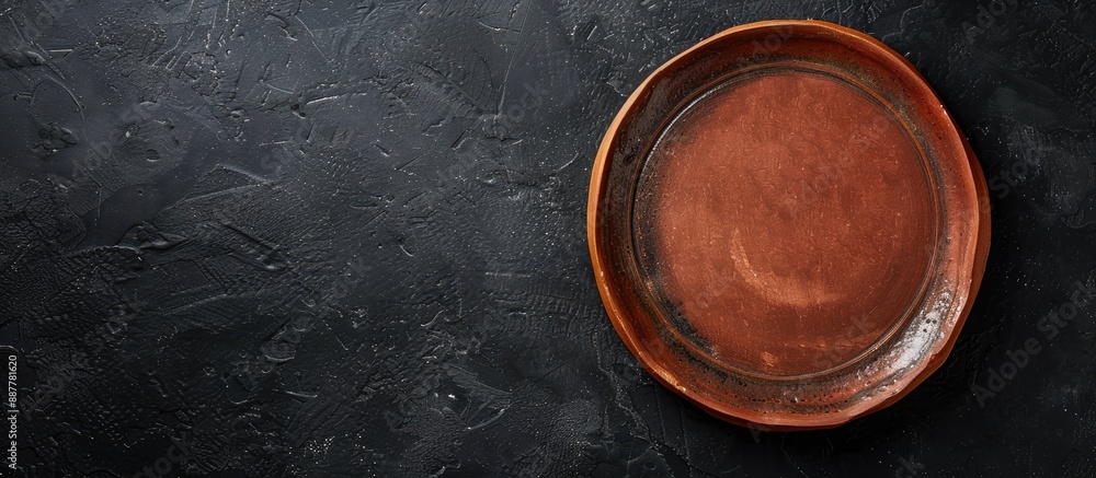 Poster A clay plate on a black backdrop seen from above with available space for additional elements in the image free copy space image