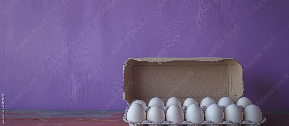 Poster a purple wall serves as the backdrop for a wooden table displaying a distinct pattern an open box ho