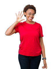 Beautiful young african american woman wearing glasses over isolated background showing and pointing up with fingers number five while smiling confident and happy.