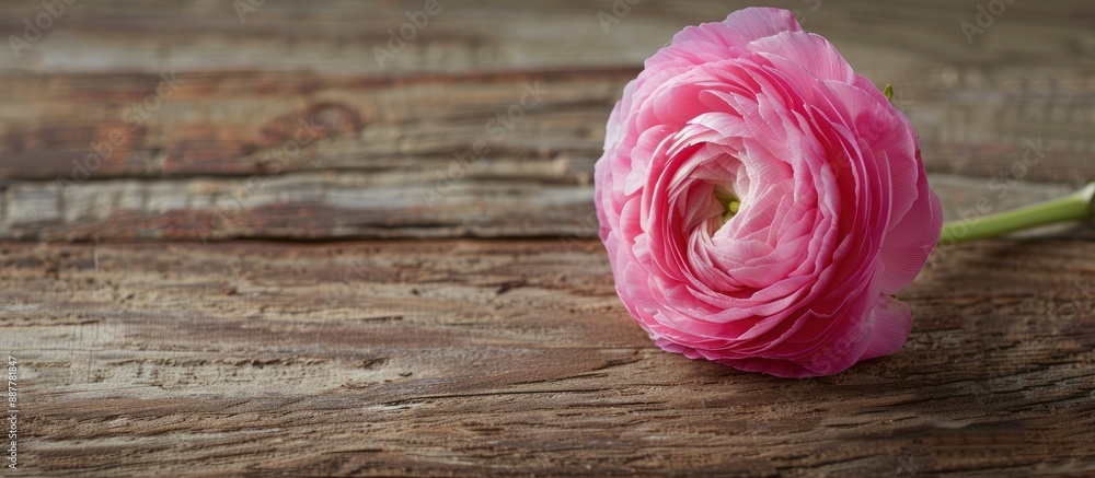 Aufkleber curly pink persian buttercup ranunculus displayed on a wooden table with copy space image available