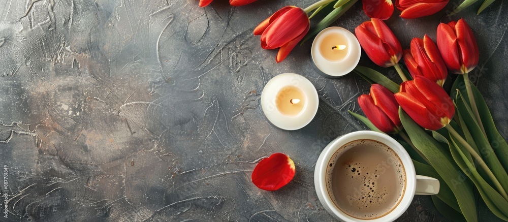 Aufkleber top view flat lay image with copy space featuring red tulips candles a white coffee cup for a mornin