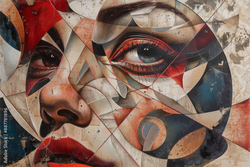 Poster surrealistic portrait of a woman's face with geometric patterns and vibrant colors. abstract shapes 