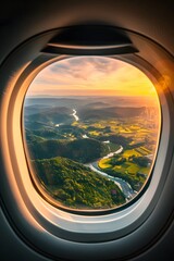 Looking through the window of an airplane, the expansive and stunning landscape below unfolds.