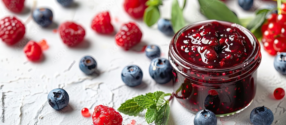 Poster a vivid image of berry jam with a distinct label on a plain white backdrop perfect for a copy space 