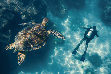 Obraz premium Majestic Sea Turtle and Scuba Diver Silhouette in Sunlit Underwater Scene