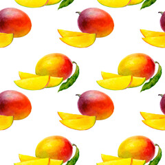 This seamless watercolor pattern features vibrant mangoes, perfect for tropicalthemed designs